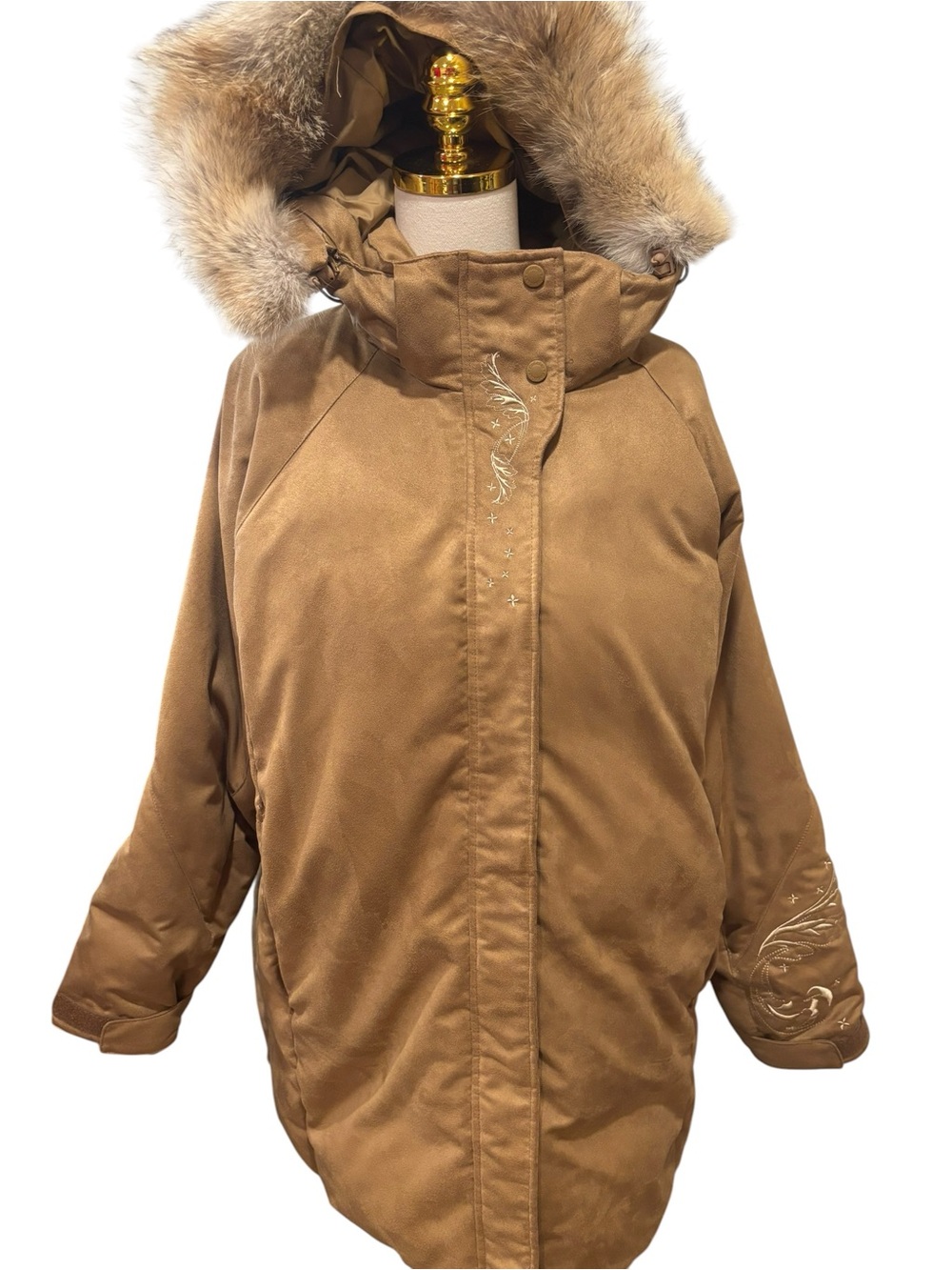 Cabela's Goose Down Parka 2xl Camel Faux Suede Fur Hood Embroidered